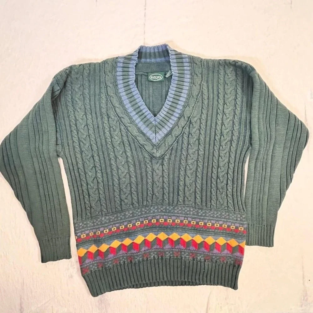 Izod Vintage 90s Cotton Sweater Men's M Green Cable Knit‎ V-Neck Geometric Trim